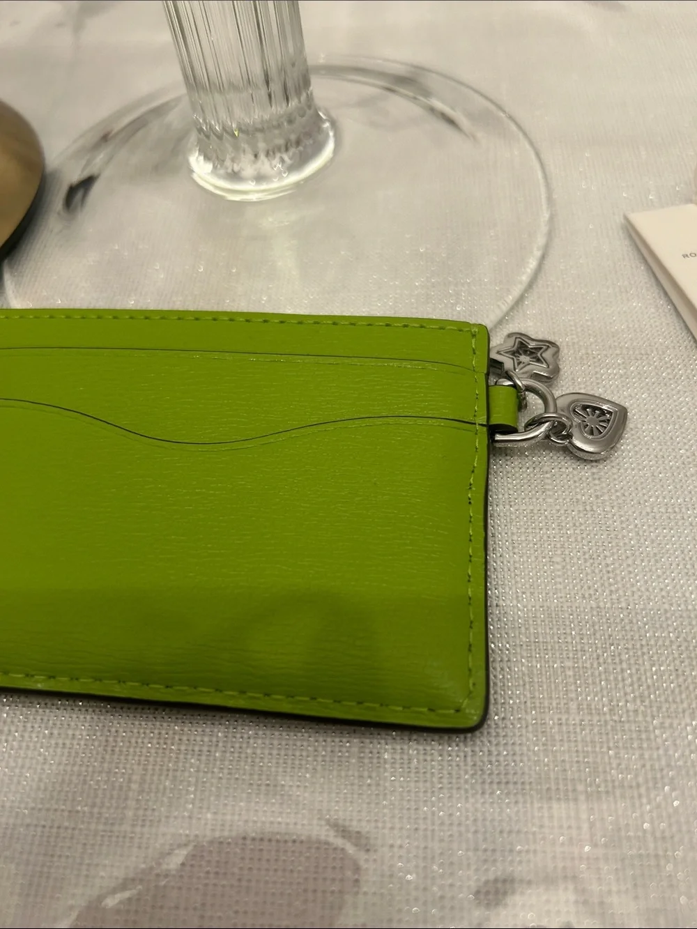 Tory Burch Bright Lime Green Leather Card Holder with charm Rory BNWT
